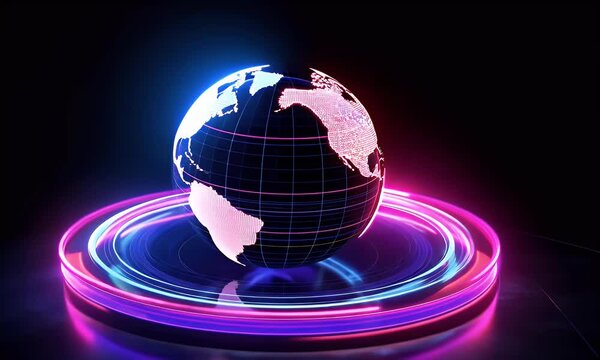 A digital globe surrounded by glowing neon rings, with a dark purple background, representing a global network and connectivity