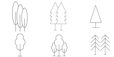 Tree and Forrest Icons Symbols. Tree vector set. Linear icon collection. Forest, park and garden trees isolated sign pack. 
