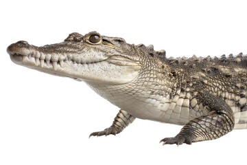 Fototapeta premium Close-up of a mature crocodile with textured scales against white background, cut out