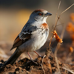 Obraz premium Small Brown and Gray Bird Perched on Ground
