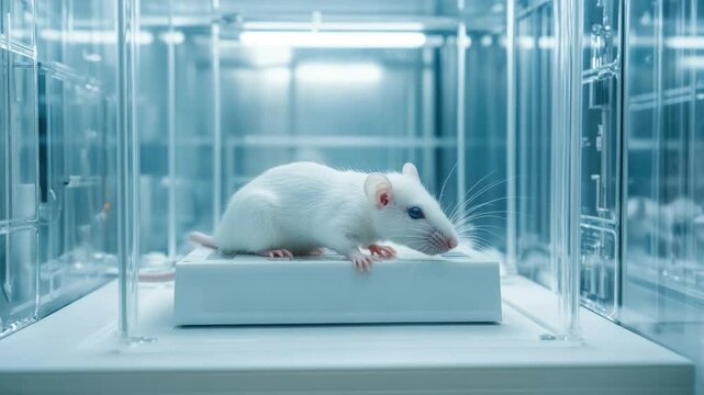 White laboratory mouse in a clear research container with a sterile environment and modern scientific equipment 4k video footage
