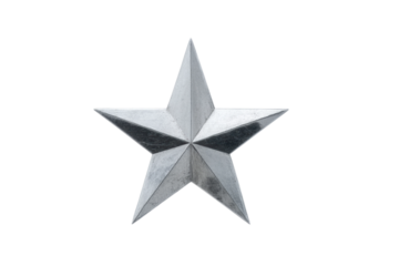 Shiny metallic silver star with five points on black background, cut out