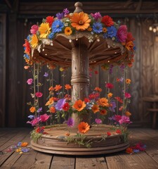 Whimsical flower carousel, vibrant blooms on rustic wood ,  garden,  celebration