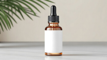 3D Render of Amber Dropper Bottle with Blank Label and Plant Shadow