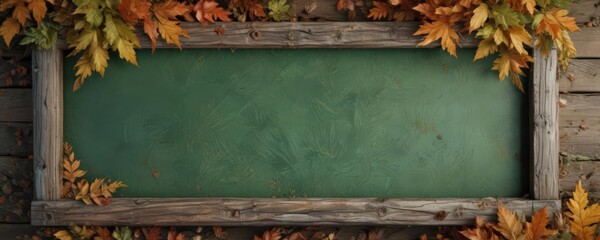 Aged green wood sign, autumn leaves log frame , vintage, background