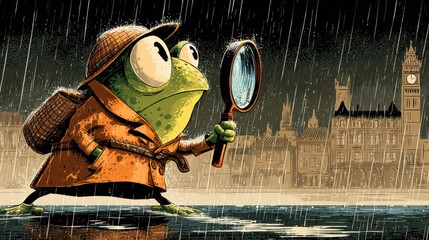Detective Frog in Raincoat with Magnifying Glass, London Background