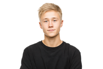 Young caucasian male teen with blond hair in black shirt, cut out