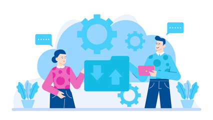 Two people discussing data transfer, technology, communication, network security in a modern office setting. Suitable for techrelated concepts.