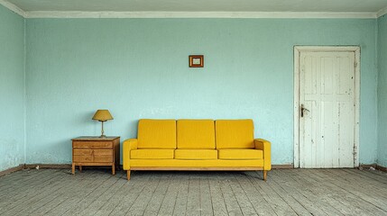 Empty room with a mustard yellow couch and wooden furniture.