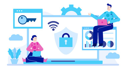 Two people using laptops with a padlock and key, suitable for cybersecurity concepts, data encryption, online security, protection measures.