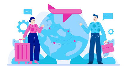 Man and woman planning a trip around the globe. Suitable for travel agency promotions, vacation planning websites, and adventure themed content.