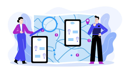 Two people using a map and a magnifying glass. Suitable for travel, exploration, adventure, treasure hunt concepts in design projects.