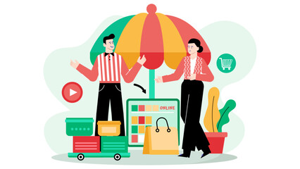 Two people shopping online under an umbrella. Suitable for ecommerce, online shopping, rainy day concepts in lifestyle or technology blogs.