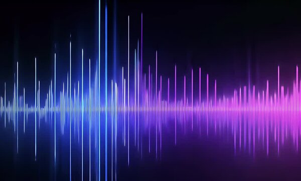 A purple and blue gradient data chart background with sound waves, against a black background. It has an animated feel, is modern in design, uses a digital art style,