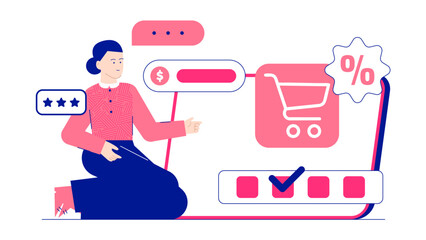 Woman searching for online discounts. Ideal for promotions, ecommerce, digital marketing, cyber Monday, shopping sales, online retail concepts.