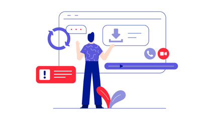 Man working on computer with download button. Perfect for technology blogs, software websites, online tutorials, digital marketing materials.