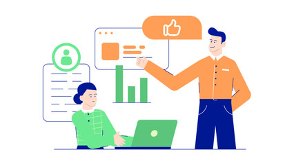 Two people engaging in a discussion about a presentation, suitable for business, teamwork, collaboration concepts, corporate meetings, office discussions.