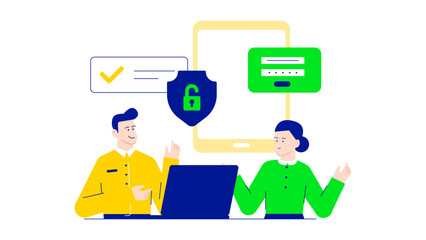 Laptop, person, phone, and padlock. Ideal for cybersecurity concepts, data protection, or modern technology themed designs. Digital security visual representation.