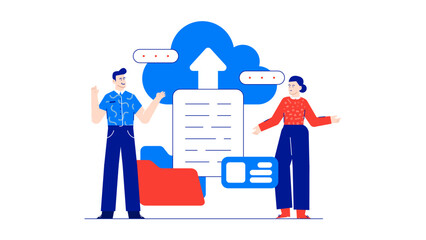 Man and woman discussing document upload. Suitable for business websites, blogs, or social media posts about file sharing or collaboration.