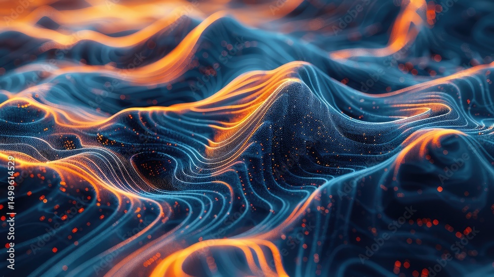 Poster explore a vibrant abstract representation of telecommunication data, featuring flowing lines and glo