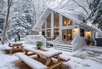 a white two-story house with a large deck, in the woods, with a snow-covered ground.