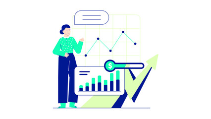 Businesswoman analyzing growth chart, suitable for financial presentations, marketing materials, business concepts, professional websites, and corporate brochures.