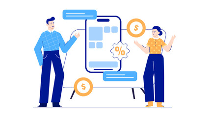 Man and woman discussing a phone app. Suitable for technology blogs, digital marketing campaigns, communication concepts, and business presentations.