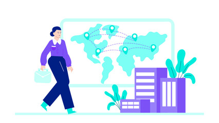 Professional woman walking with briefcase by building and map, suitable for business, travel, city life, career concepts in design.