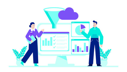 Man and woman analyzing graphs on a computer, teamwork, data analysis, business meeting, financial consulting, technology, collaboration, charts, discussion.