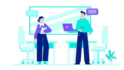 Two people conversing in office setting, suitable for business, communication, teamwork, office culture, meetings, workspace, collaboration, discussion concepts.