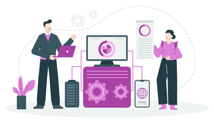 Two people by a computer and phone discussing work or collaborating. Ideal for illustrating teamwork, technology, communication, or office setting.