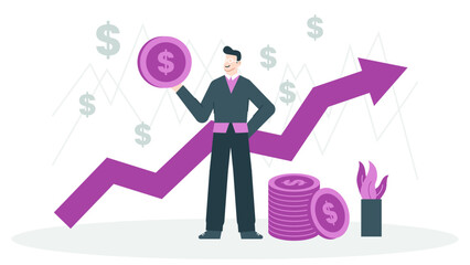 Businessman in front of purple arrow with coins. Suitable for financial growth, success, investment, career advancement, business concepts in design.
