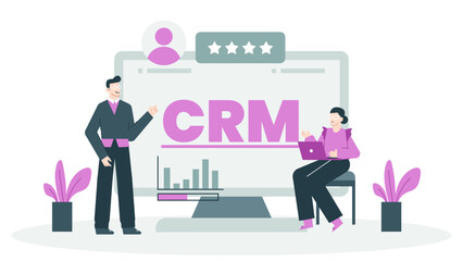 Two people having a discussion about CRM in front of a computer screen. Ideal for technology, business, communication, and teamwork concepts.