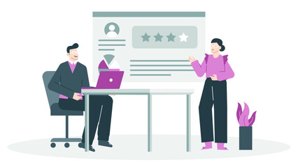 Business presentation with man at desk and woman holding star board; suitable for teamwork, collaboration, success, and review themes.