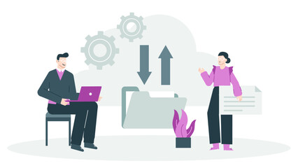 Two people working on a cloud server, suitable for technology blogs, IT presentations, teamwork concepts, virtual collaboration, and digital security.