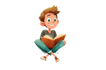 Happy young caucasian male child reading a book with enthusiasm and curiosity, cut out