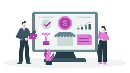 Two people in front of a computer screen with business icons. Suitable for business presentations, technology concepts, teamwork illustrations.