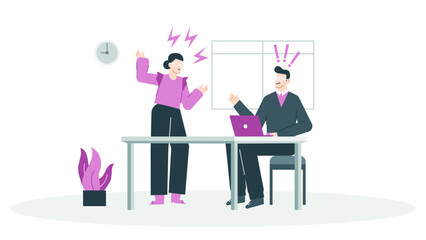 Woman angrily confronts man at a desk. Ideal for illustrating conflict, confrontation, argument, office politics, and relationship problems in business.