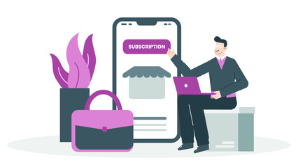 Man clicking subscription button on phone, suitable for digital marketing, online services, technology websites, mobile apps, subscription based businesses.