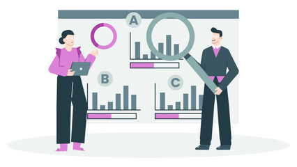 Two people analyzing data with bar graphs and a pie chart
