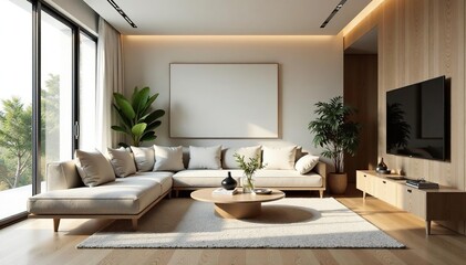 Fototapeta premium Modern minimalist living room with stylish furniture and decor , white, cozy, grey