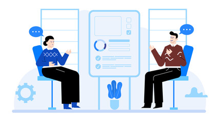 Two people discussing in front of a presentation screen. leadership training and executive coaching concept