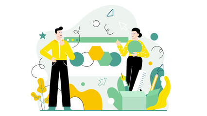 Two people analyzing an abstract design, suitable for business presentations, marketing materials, and teamwork concepts in professional settings.