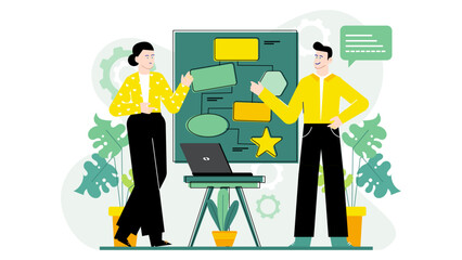 Ideal for business presentations or teamwork concepts. Two individuals discussing strategy using a flowchart and laptop near a whiteboard.