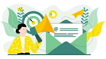 Person holding a megaphone aimed at an open envelope, great for announcements, communication, marketing, promotions, and business messaging visuals.