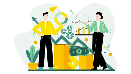Two people discussing business growth, using graphs, charts, and money. Ideal for financial, business, strategy, and growth concept illustrations.