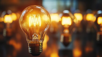 A beautifully lit vintage light bulb radiating warm yellow light, creating a cozy and inviting atmosphere. Ideal for design and inspiration projects.