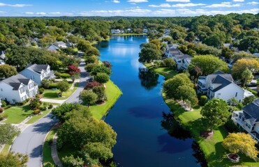 An aerial view of the Florida community with its residential houses and lush greenery, showcasing large lakes in between them.