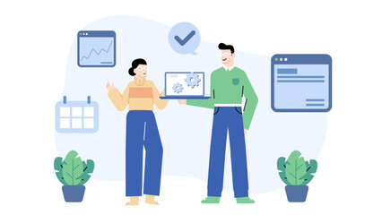 Two people with a laptop showing gears, ideal for technology concepts, teamwork, communication, innovation, sharing ideas, and collaboration visuals.