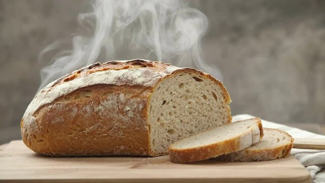 Warm bread with steam: Capturing the essence of freshly baked bread, radiating warmth with tendrils of inviting steam, inviting the viewer to savor the wholesome goodness of a comforting staple.